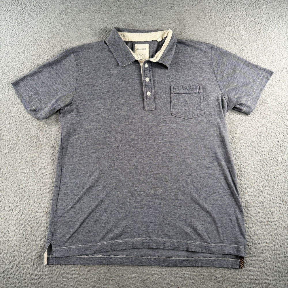 Billy Reid Polo Shirt Men Large Blue White Stripe Cotton Short Sleeve Pocket